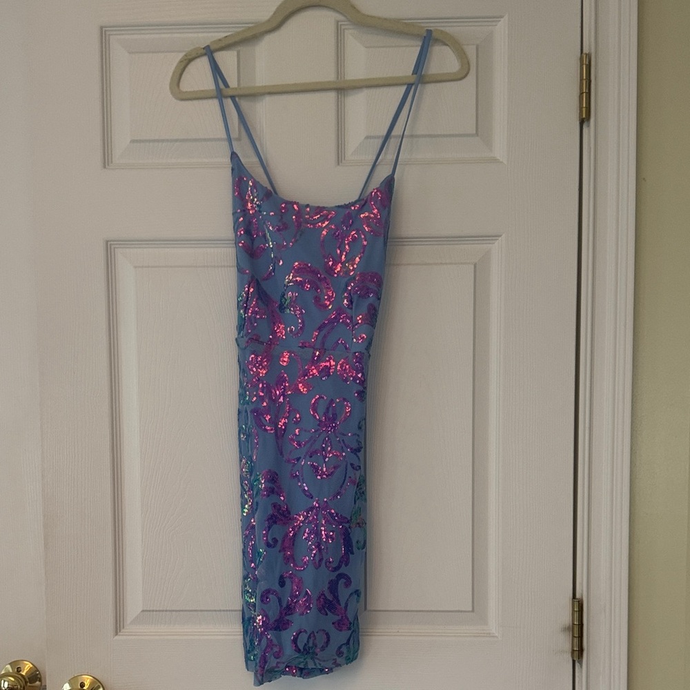 Sparkling Blue and Pink Sequin Mini Dress